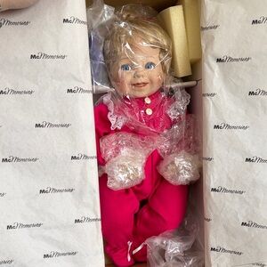 McMemories Pink Doll with Blonde Hair and Grimace toy. “Sharing a good time”